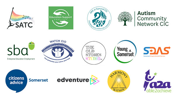 13 logos. Somerset arts therapies centre, Education support services, ARK at Egwood CIC, Autism Community Network CIC, SBA, Watch CIO, The Old Stores Studio, Young and Somerset, Somerset Drug and alcohol service, Citizens advice somerset, Edventure, Harmony Within and Able to Achieve.